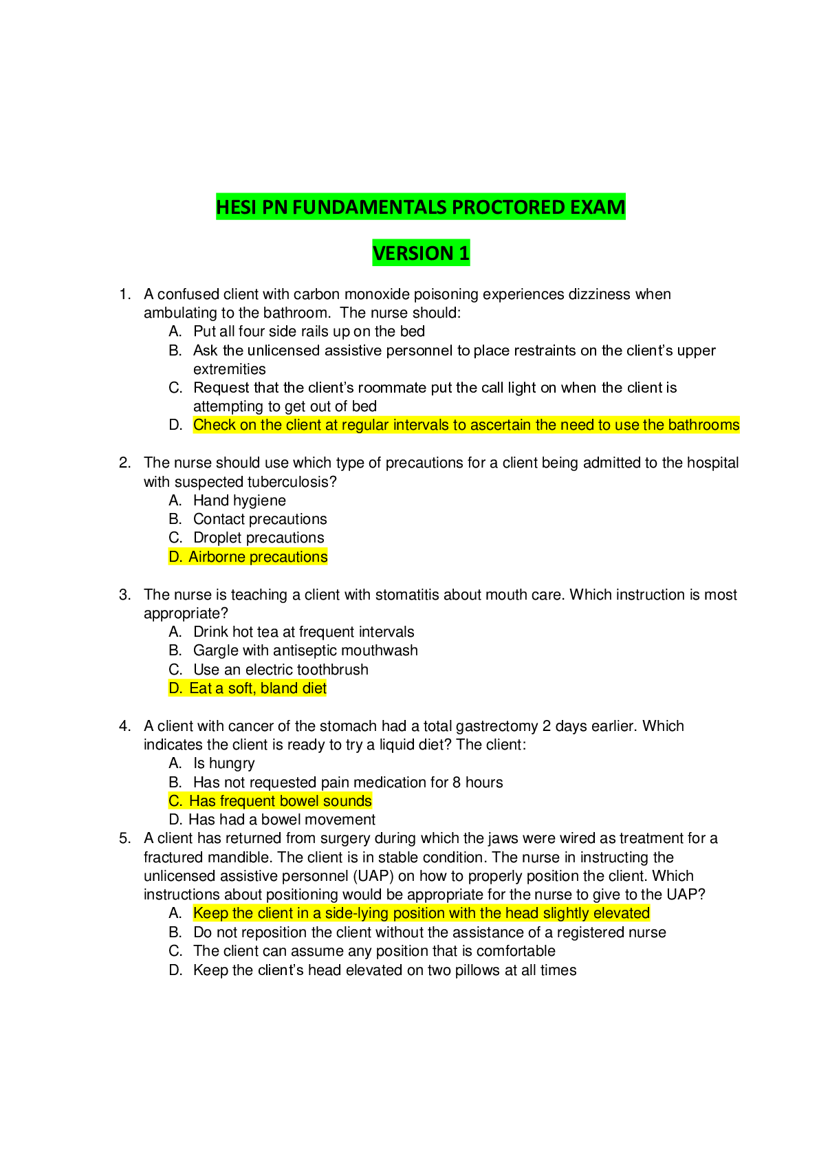 Preview of HESI PN FUNDAMENTALS PROCTORED EXAM (9 LATEST VERSIONS,     Questions and answers )